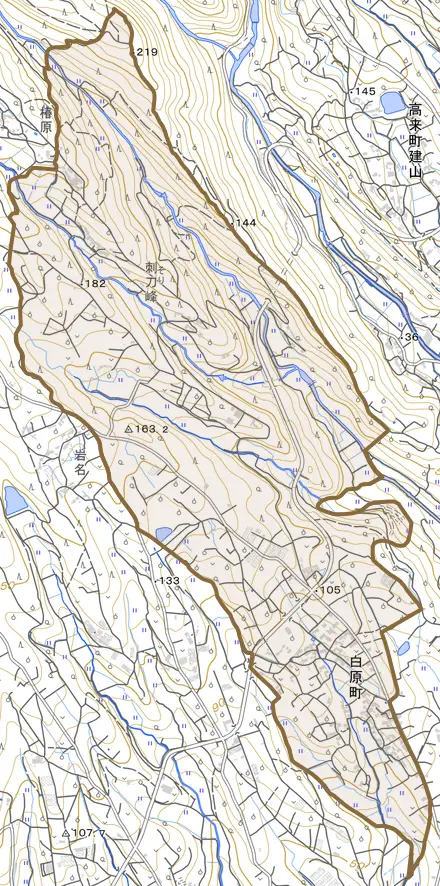白原町とその周辺の地図。町の範囲を重ねている