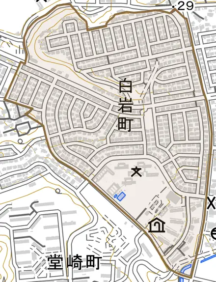 白岩町とその周辺の地図。町の範囲を重ねている