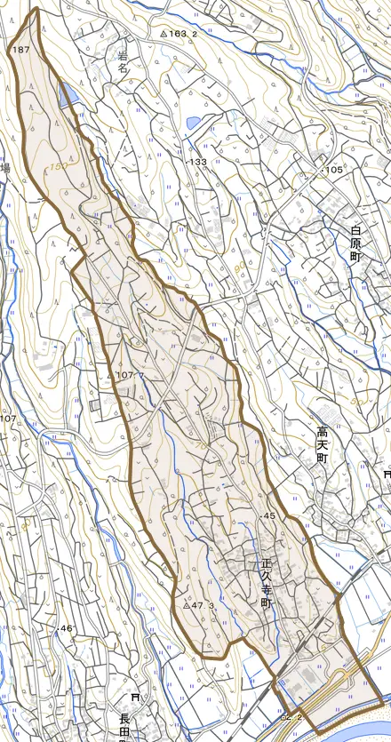 正久寺町とその周辺の地図。町の範囲を重ねている