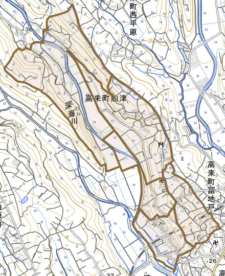 高来町船津とその周辺の地図。町の範囲を重ねている