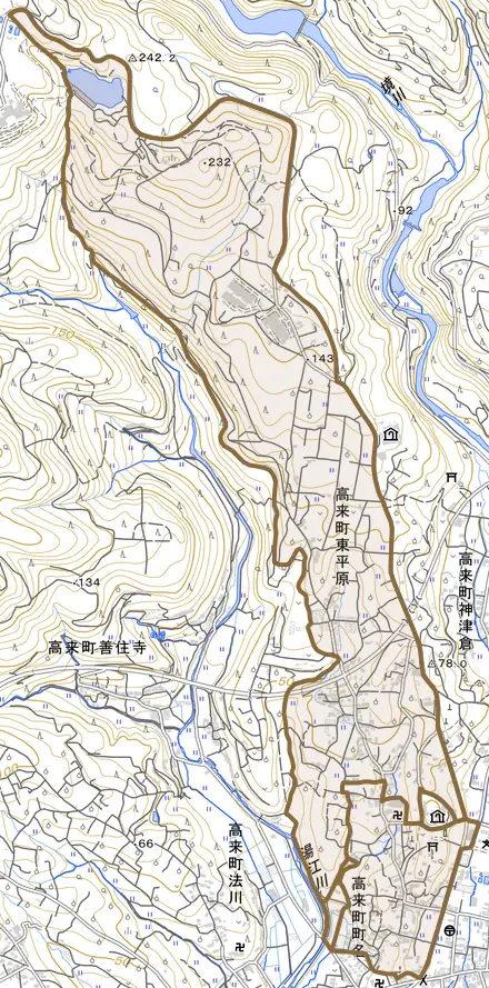 高来町東平原とその周辺の地図。町の範囲を重ねている