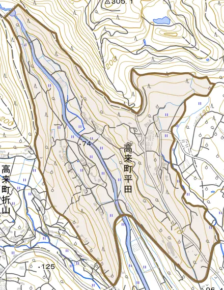 高来町平田とその周辺の地図。町の範囲を重ねている