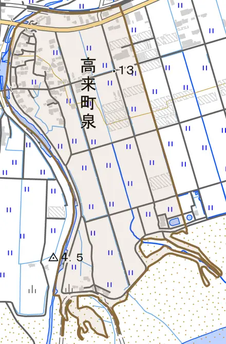 高来町泉とその周辺の地図。町の範囲を重ねている