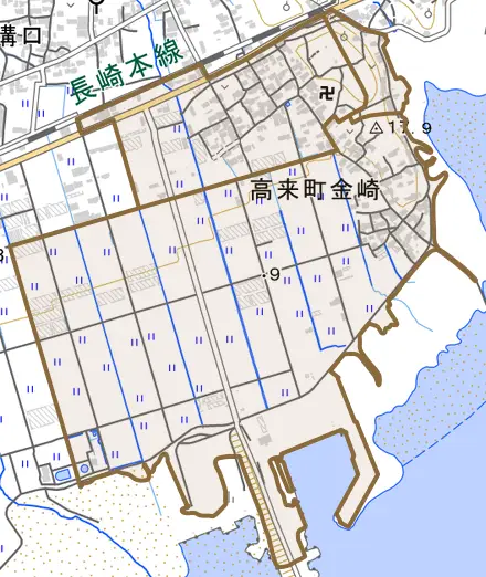 高来町金崎とその周辺の地図。町の範囲を重ねている
