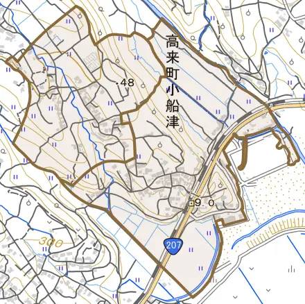 高来町小船津とその周辺の地図。町の範囲を重ねている