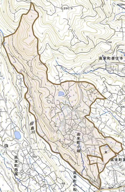 高来町小峰とその周辺の地図。町の範囲を重ねている