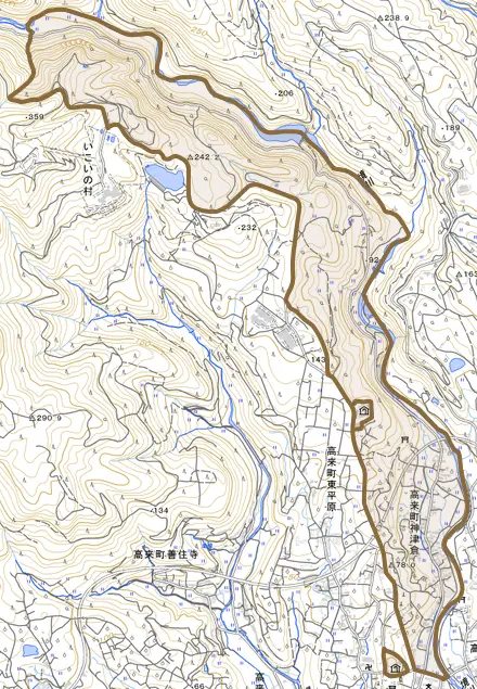 高来町神津倉とその周辺の地図。町の範囲を重ねている