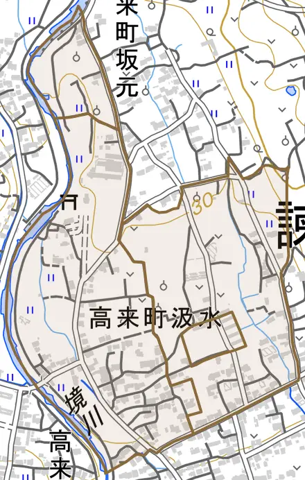 高来町汲水とその周辺の地図。町の範囲を重ねている