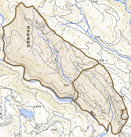 高来町黒新田とその周辺の地図。町の範囲を重ねている