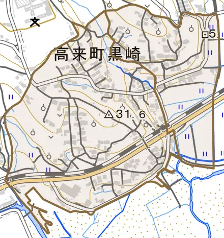 高来町黒崎とその周辺の地図。町の範囲を重ねている