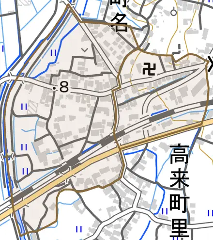 高来町町名とその周辺の地図。町の範囲を重ねている