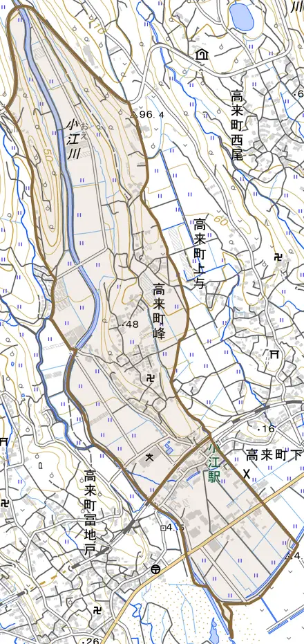 高来町峰とその周辺の地図。町の範囲を重ねている