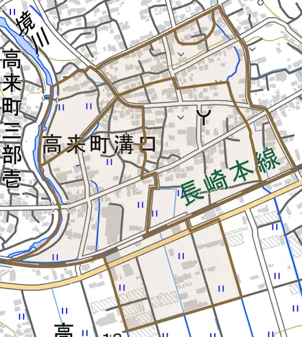 高来町溝口とその周辺の地図。町の範囲を重ねている
