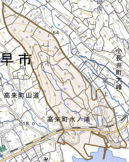 高来町水ノ浦とその周辺の地図。町の範囲を重ねている