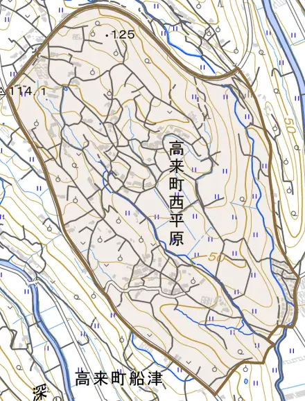 高来町西平原とその周辺の地図。町の範囲を重ねている