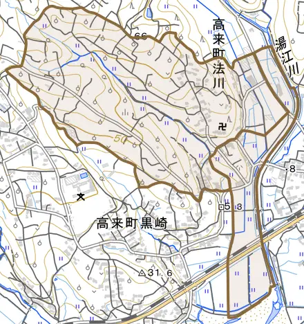 高来町法川とその周辺の地図。町の範囲を重ねている