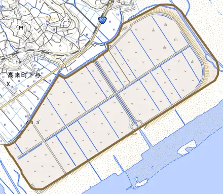高来町小江干拓とその周辺の地図。町の範囲を重ねている