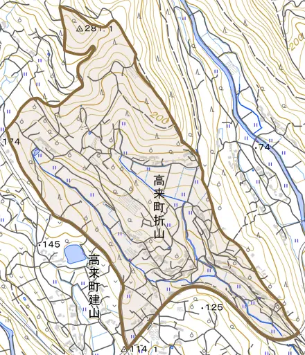 高来町折山とその周辺の地図。町の範囲を重ねている