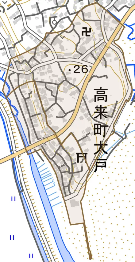 高来町大戸とその周辺の地図。町の範囲を重ねている