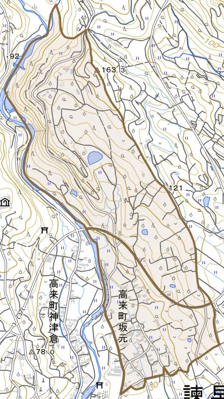 高来町坂元とその周辺の地図。町の範囲を重ねている