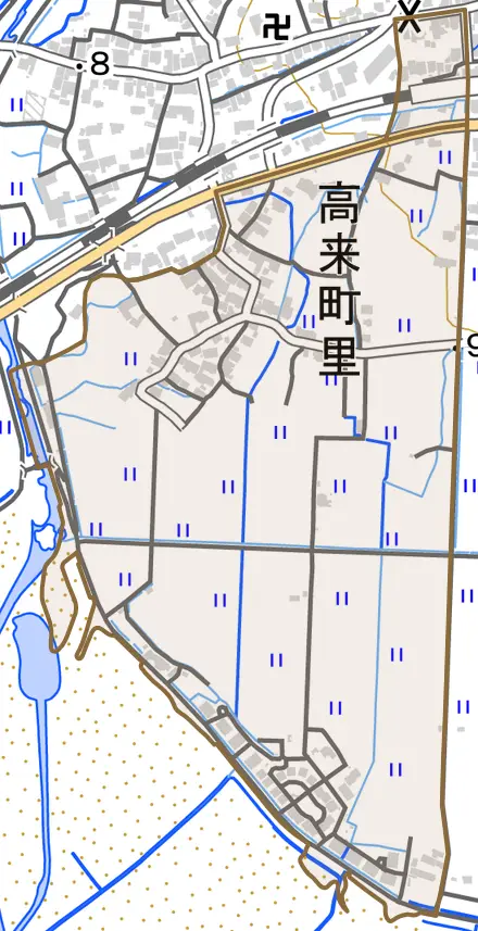 高来町里とその周辺の地図。町の範囲を重ねている
