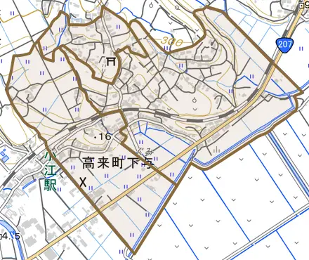 高来町下与とその周辺の地図。町の範囲を重ねている