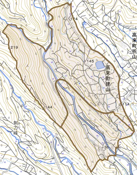 高来町建山とその周辺の地図。町の範囲を重ねている