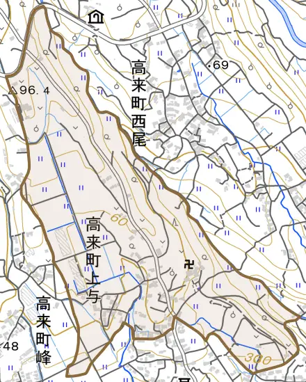 高来町上与とその周辺の地図。町の範囲を重ねている