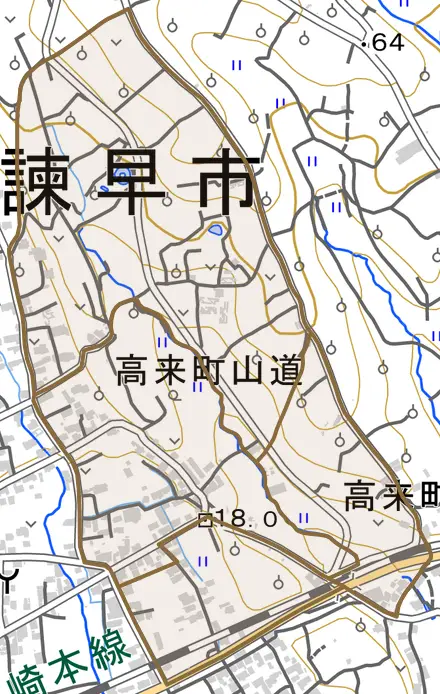 高来町山道とその周辺の地図。町の範囲を重ねている