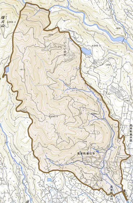 高来町善住寺とその周辺の地図。町の範囲を重ねている