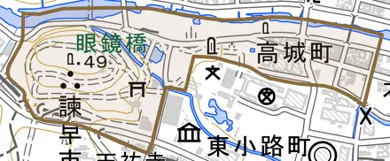 高城町とその周辺の地図。町の範囲を重ねている