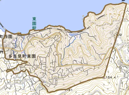 多良見町東園とその周辺の地図。町の範囲を重ねている