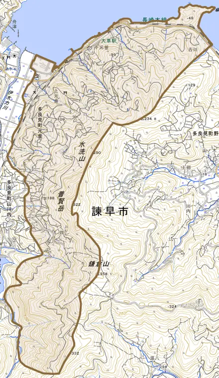 多良見町元釜とその周辺の地図。町の範囲を重ねている