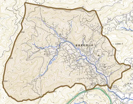 多良見町西川内とその周辺の地図。町の範囲を重ねている
