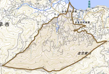 多良見町西園とその周辺の地図。町の範囲を重ねている
