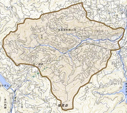多良見町野川内とその周辺の地図。町の範囲を重ねている