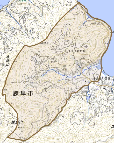 多良見町野副とその周辺の地図。町の範囲を重ねている