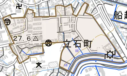 立石町とその周辺の地図。町の範囲を重ねている