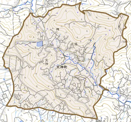 天神町とその周辺の地図。町の範囲を重ねている