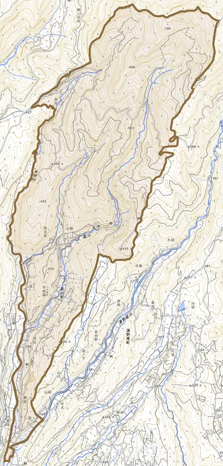 富川町とその周辺の地図。町の範囲を重ねている