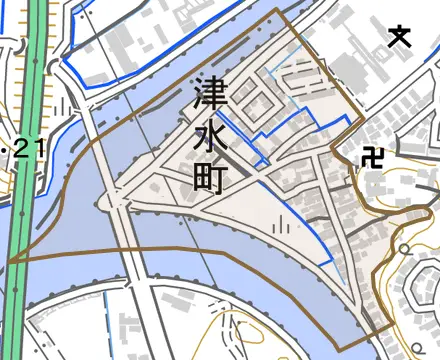 津水町とその周辺の地図。町の範囲を重ねている