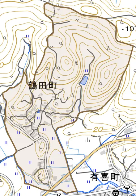 鶴田町とその周辺の地図。町の範囲を重ねている