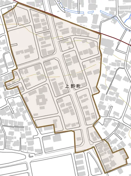 上野町とその周辺の地図。町の範囲を重ねている