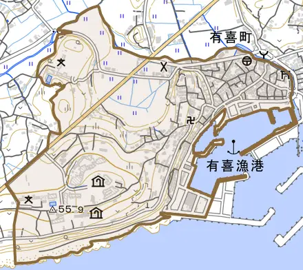 有喜町とその周辺の地図。町の範囲を重ねている