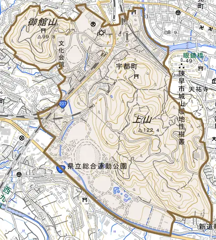 宇都町とその周辺の地図。町の範囲を重ねている