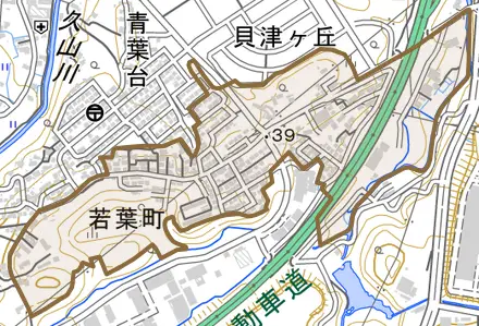 若葉町とその周辺の地図。町の範囲を重ねている