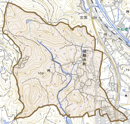 破籠井町とその周辺の地図。町の範囲を重ねている