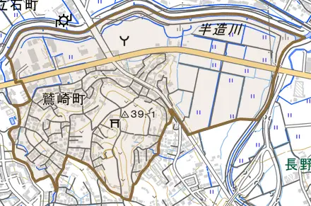 鷲崎町とその周辺の地図。町の範囲を重ねている