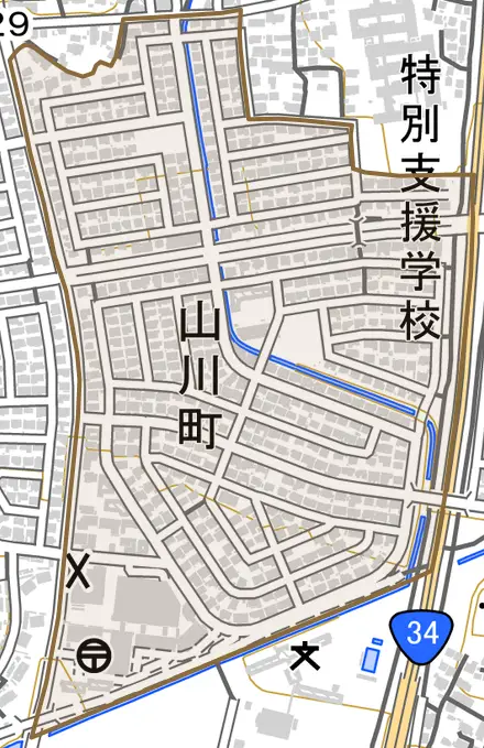 山川町とその周辺の地図。町の範囲を重ねている