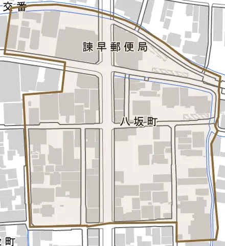 八坂町とその周辺の地図。町の範囲を重ねている